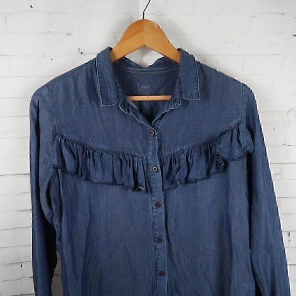 LEE BLUE DENIM LONG SLEEVE BUTTON DOWN WESTERN RUFFLE SHIRT SIZE MEDIUM - Picture 5 of 10